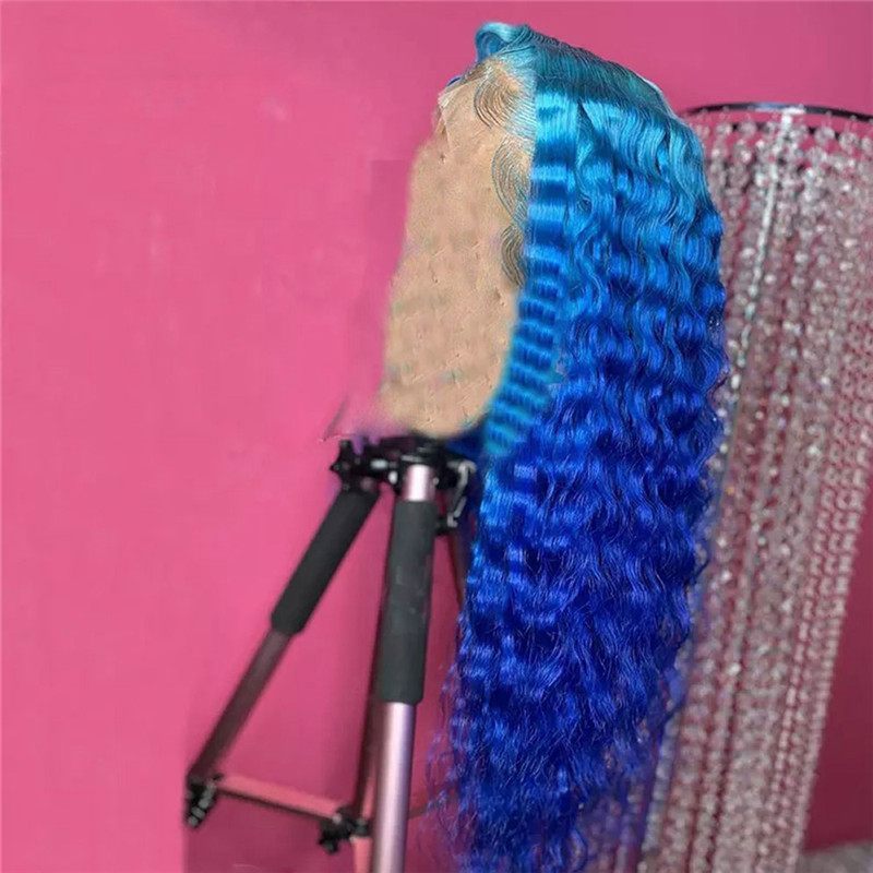 150% Density Deep Wave Blue Ombre Lace Front Wig Brazilian Remy Hair Blue Human Hair Lace Wig Pre Plucked Blue Colored Wigs