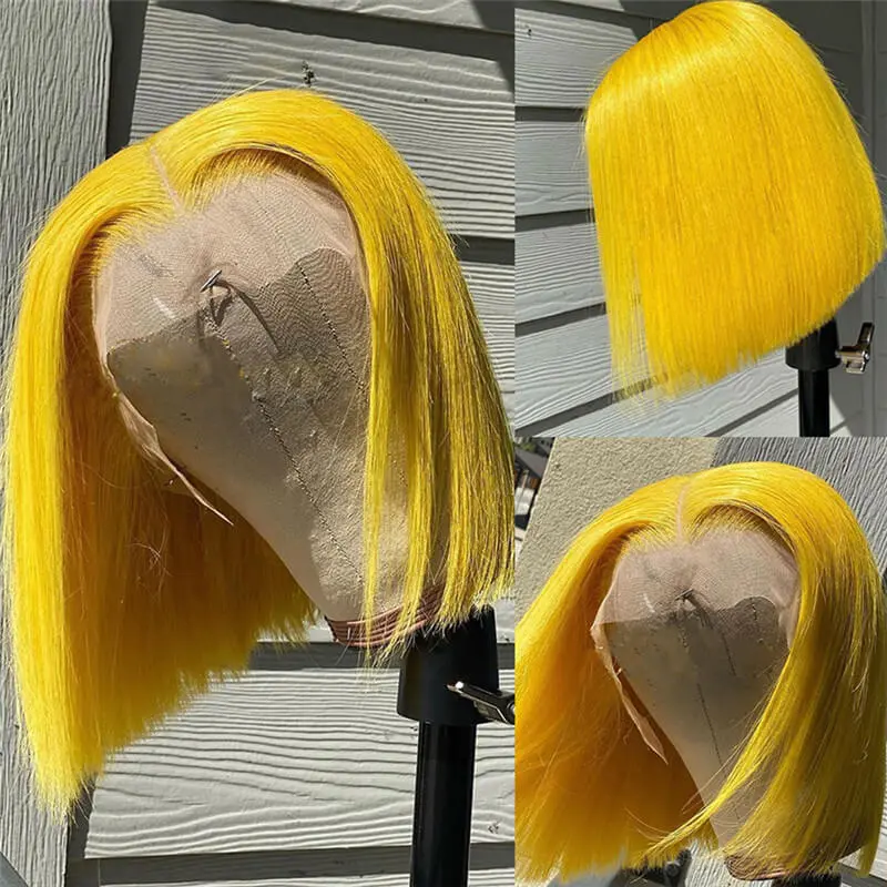 150% Straight Yellow Short Bob Human Hair Wigs Brazilian Remy Pre Plucked Bob Wig Transparent Lace Wigs Glueless Wigs