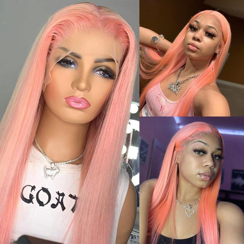 Lace Front Wig Straight Indian Remy Hair Pink Ombre Blonde Highlgiht Wig Transparent Lace Wigs For Women 150%