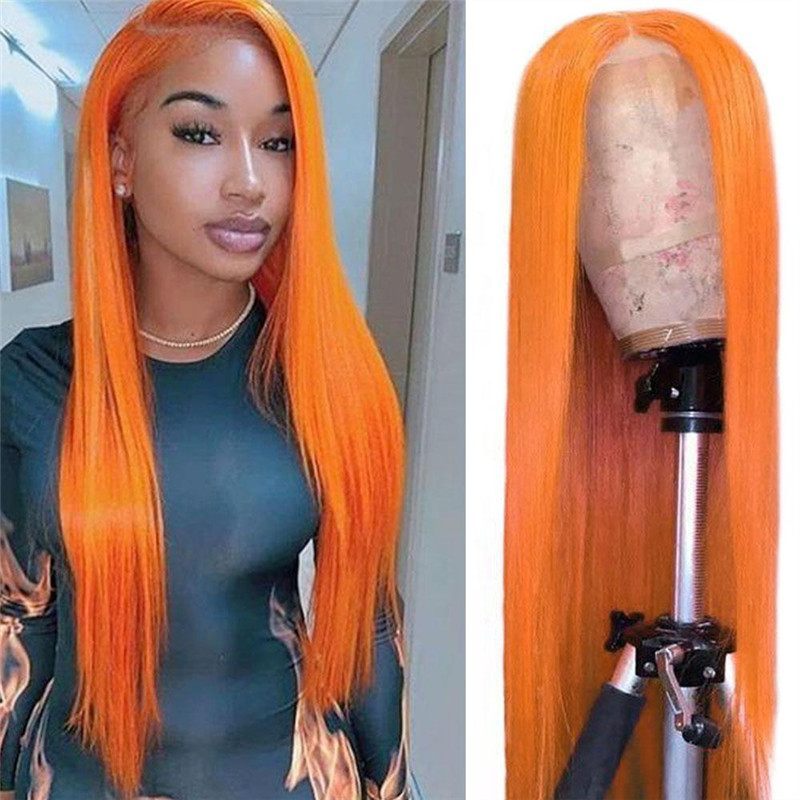 Orange Ombre Colored Human Hair Wigs For Women Straight Brazilian Remy Hair Ginger Orange HD Lace Front Wig Preplucked