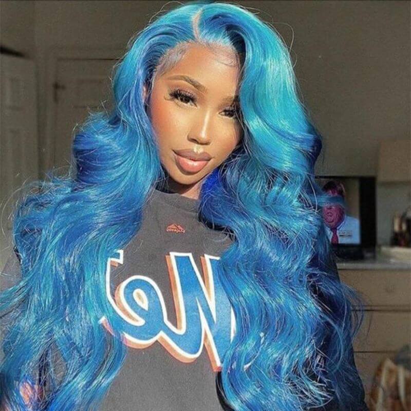 Ombre Lace Frontal Blue Human Hair Wigs For Women Brazilian Remy Colored Wigs Pre Plucked Glueless Wig 150% Body Wave