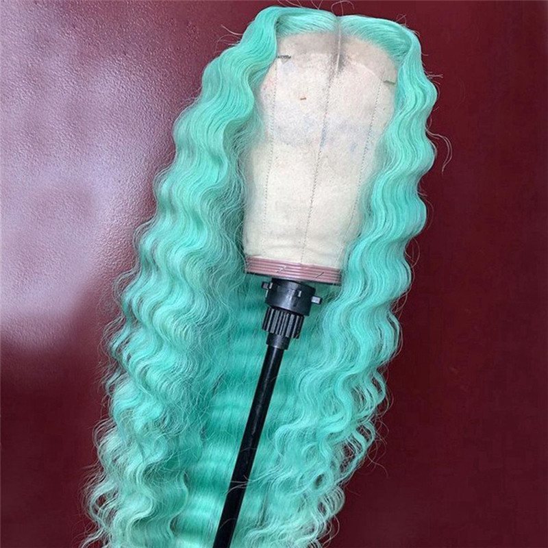 Deep Wave Lake Blue Colored Lace Front Human Hair Wigs Ombre Lace Front Wig Brazilian Curly Wig Pre Plucked