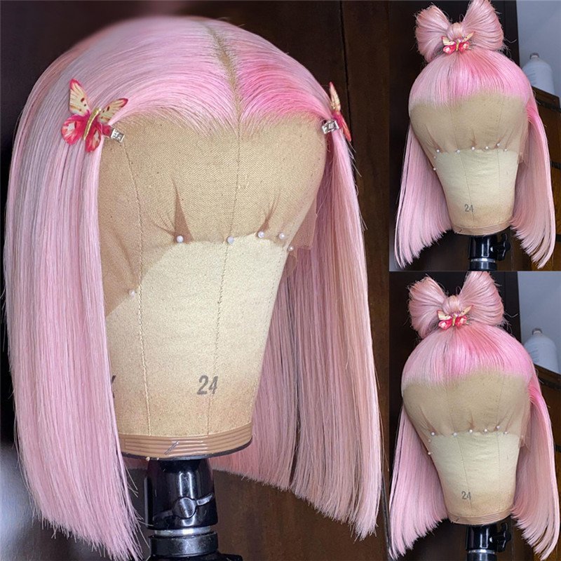 Straight Bob Lace Front Wig Pink Ombre Human Hair Wig Brazilian Remy Short Bob Lace Front Wigs For Women 150%