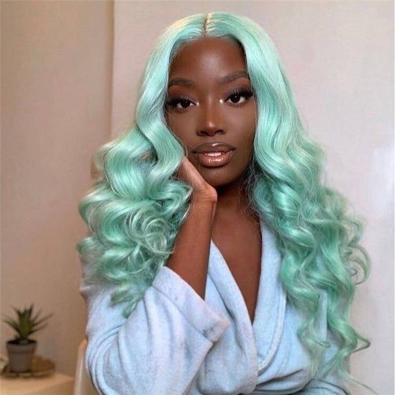 Transparent Lace Wigs Mint Green Colored Body Wave Human Hair Lace Wigs Brazilian Remy 28Inch Ombre Human Hair Wigs For Women