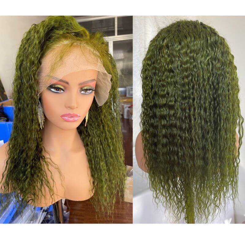 Transparent Lace Dark Green Wig Deep Curly  Brazilian Hair Wigs For Women Wig Green Glueless Lace Front Human Hair Wigs
