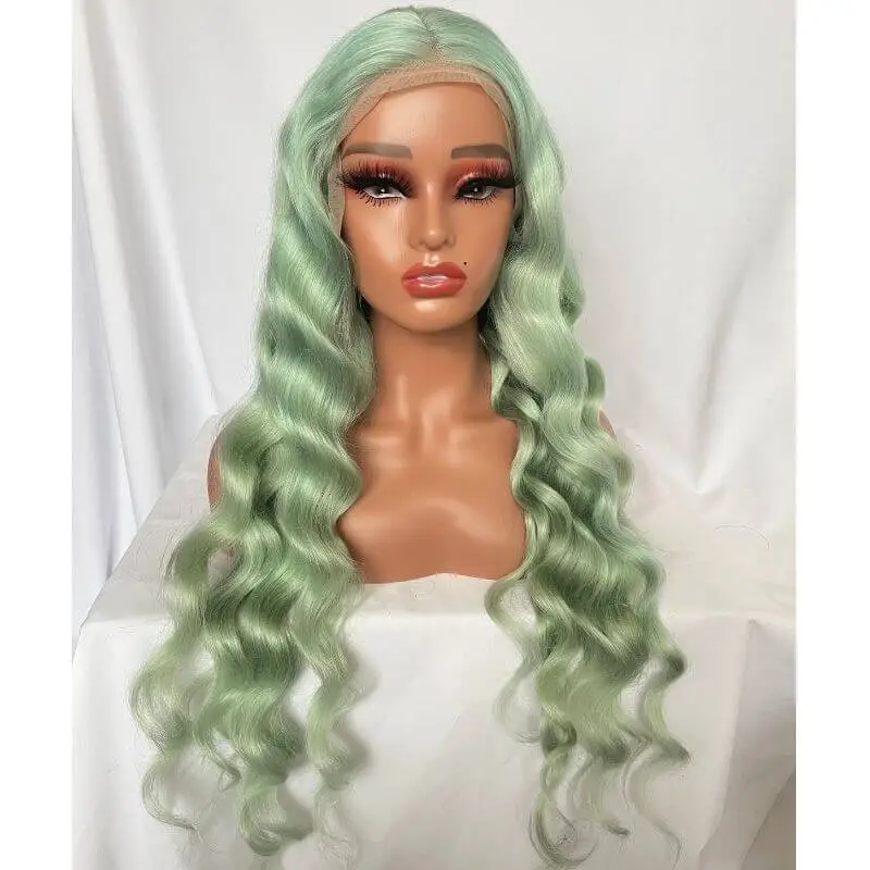 Green Hair Transparent Lace Wigs Mint Green Colored Body Wave Human Hair Lace Wigs Brazilian Remy Ombre  Human Hair Wigs For Women