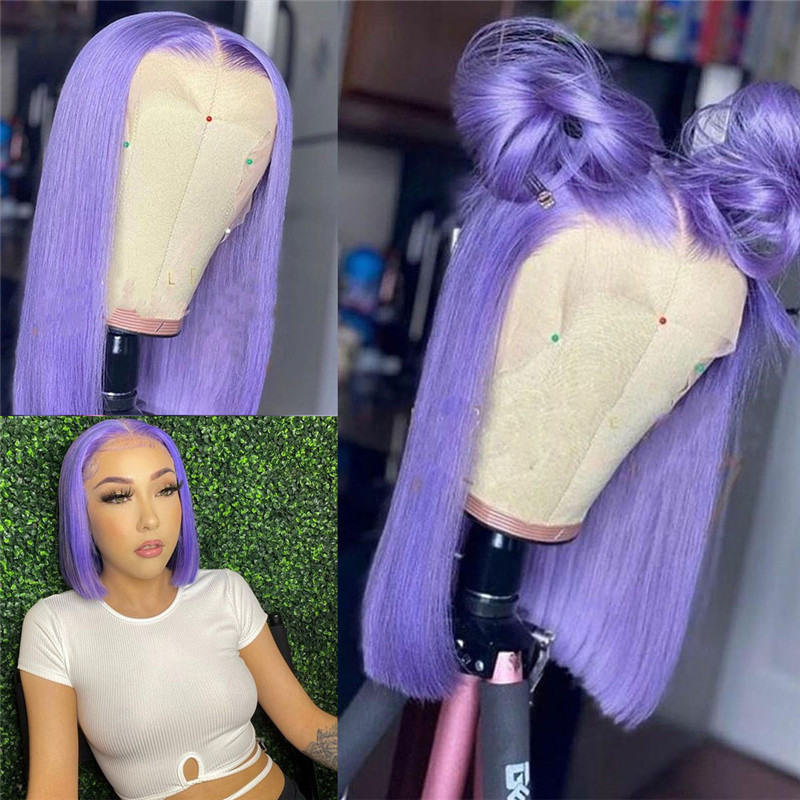 Short Pixie Straight Bob Purple Colored Human Hair Wigs Transparent Peruvian Remy Short Bob Lace Front Wigs Preplucked Lace Front Wig 150%