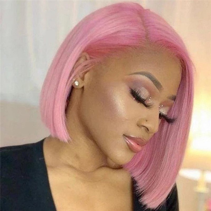 Pink Short BOB Wig Lace Front Human Hair Wigs For Women Preplucked Brazilian Remy Transparent Pink Colored Lace Front Wigs 150%
