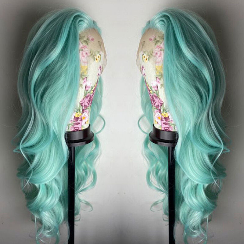 Transparent Lace Wigs Mint Green Colored Body Wave Human Hair Lace Wigs Brazilian Remy 28Inch Ombre Human Hair Wigs For Women