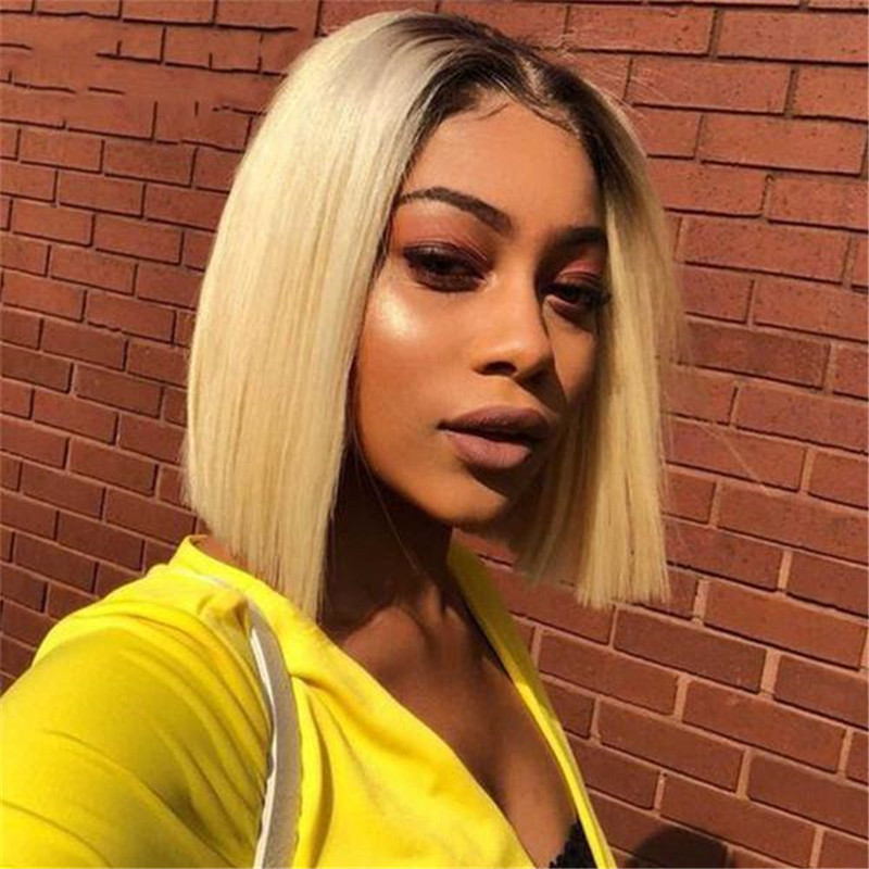 Lace Front Bob Wig With Blonde Dark Root Color