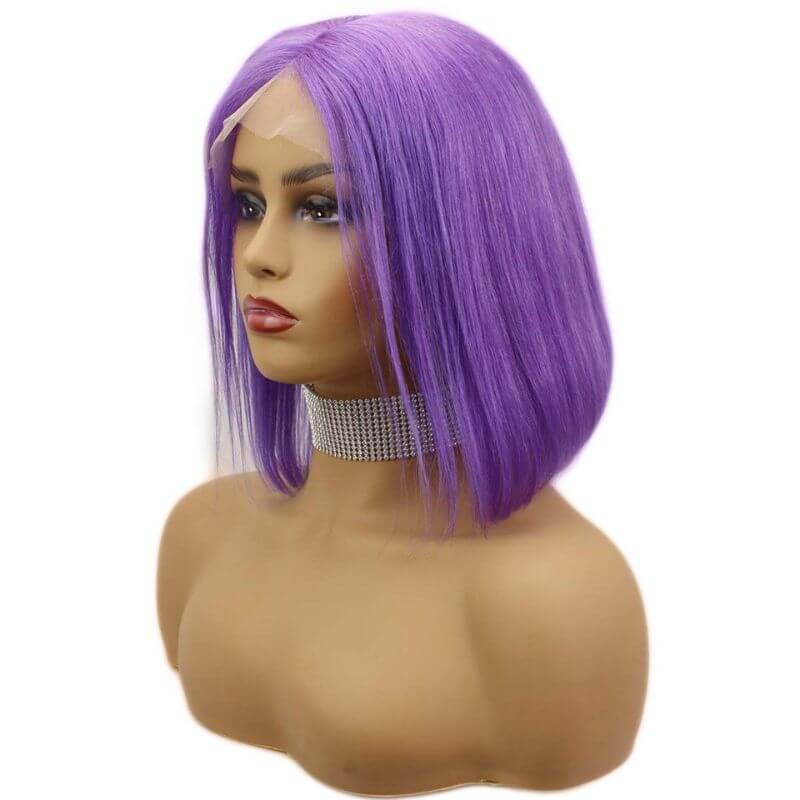 Straight Purple Short Bob Human Hair Wigs Brazilian Remy Pre Plucked Blue Bob Wig Transparent Lace Wigs Glueless Colored Wigs