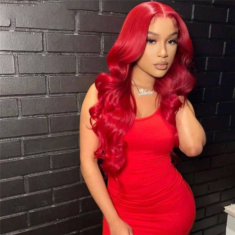 28inch Dark Green Body Wave Lace Front Wig Peruvian Remy Hair Red Transparent Highlight Colored Human Hair Wigs Bleached Knots