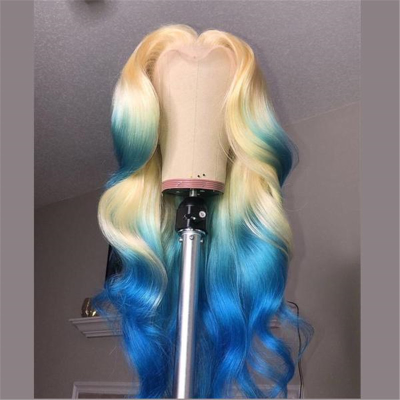Human Hair 613 Blonde With Sky Blue Lace Front Wigs