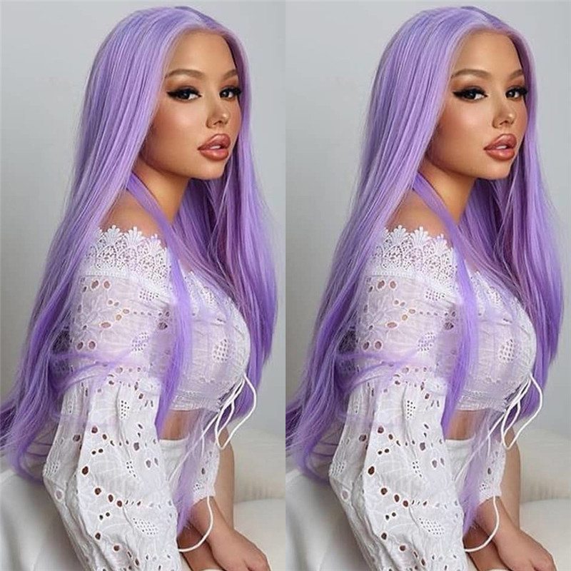 150% Density Straight Purple Lace Front Wig Peruvian Remy Hair Purple Colored Human Hair Wigs For Women Pre Plucked Transparent