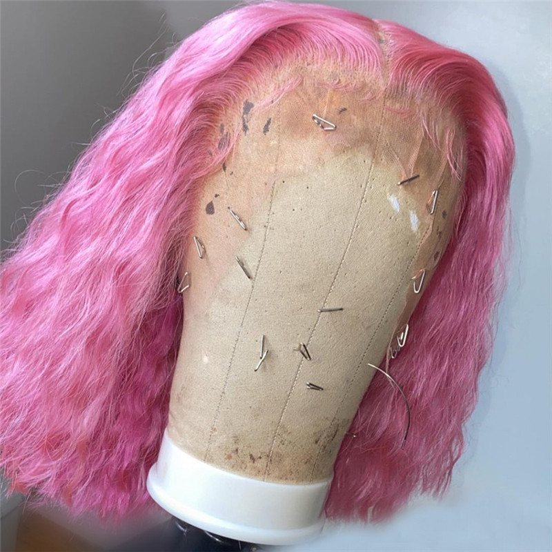 Bob Lace Front Wig Pink Ombre Human Hair Wig Brazilian Remy Short Bob Wavy Transparent Lace Front Wigs For Women 150%