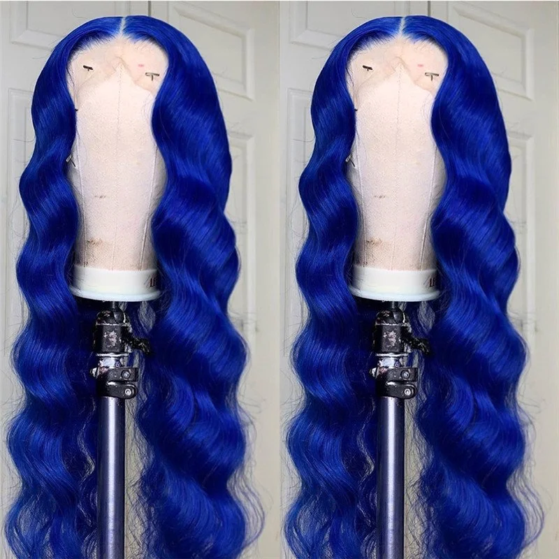 150% Density Transparent Lace Wigs Body Wave Colored Human Hair Wigs Peruvian Remy 4x4 Closure Wig Blue Ombre Lace Front Wig