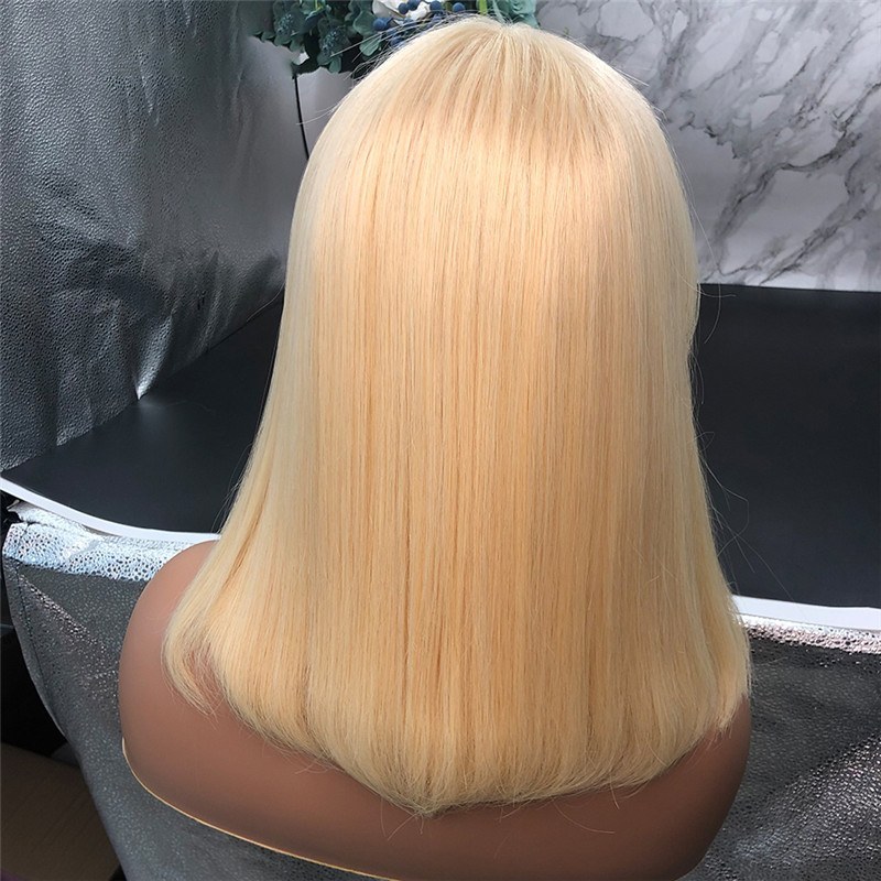 613 Blonde Bob Wig Human Hair Wigs With Bangs Brazilian Virgin Hair Straight Bob Machine Wigs For Women Transparent Lace Wigs