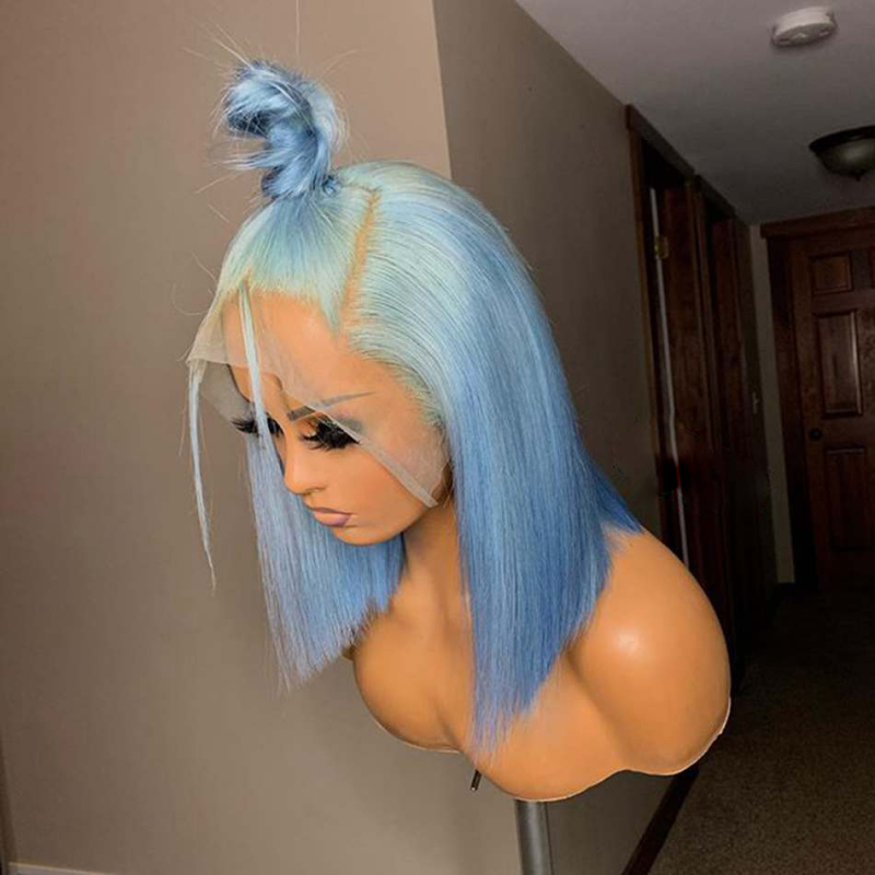 150% Straight Blue Short Bob Human Hair Wigs Brazilian Remy Pre Plucked Blue Bob Wig Transparent Lace Wigs Glueless Wigs
