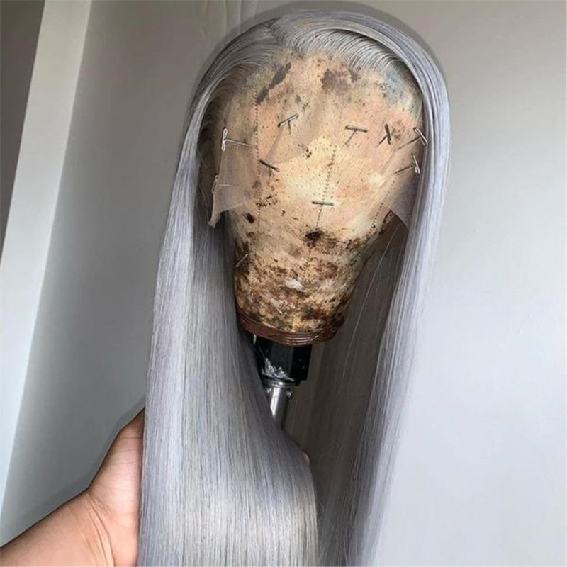 Virgin Human Hair Silver Grey Lace Front Wig Straight Style