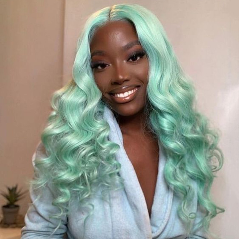 Transparent Lace Wigs Mint Green Colored Body Wave Human Hair Lace Wigs Brazilian Remy 28Inch Ombre Human Hair Wigs For Women