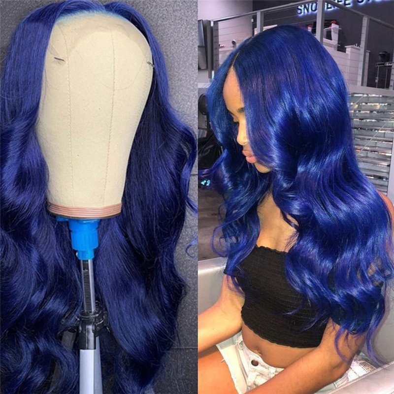 Transparent Dark Blue Body Wave Wigs For Women Pre Plucked Brazilian Lace Front Human Hair Wigs Ombre Colored Lace Part Wig