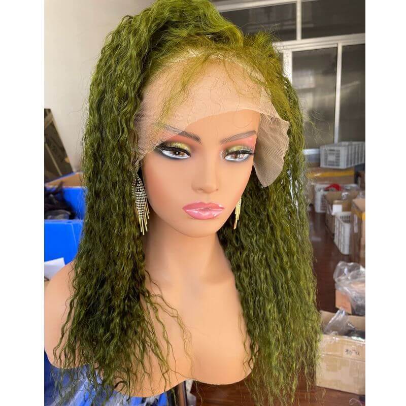 Transparent Lace Dark Green Wig Deep Curly  Brazilian Hair Wigs For Women Wig Green Glueless Lace Front Human Hair Wigs