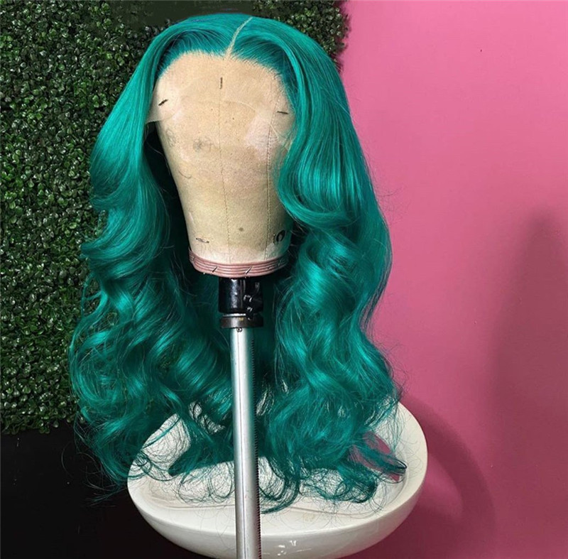 Peruvian Hair Jade Green Color Natural Wave Lace Front Wig