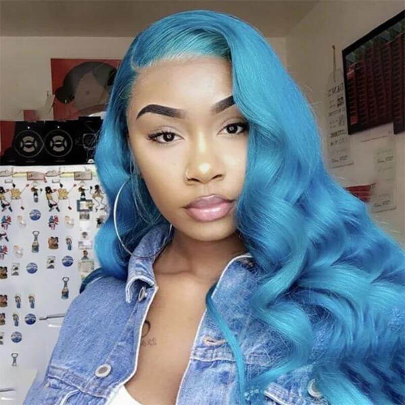 Ombre Lace Frontal Blue Human Hair Wigs For Women Brazilian Remy Colored Wigs Pre Plucked Glueless Wig 150% Body Wave