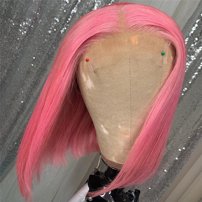 Leather Pink Bob Colored Human Hair Wigs Transparent Peruvian Remy Short Bob Lace Front Wigs Preplucked Closure Wig 150%