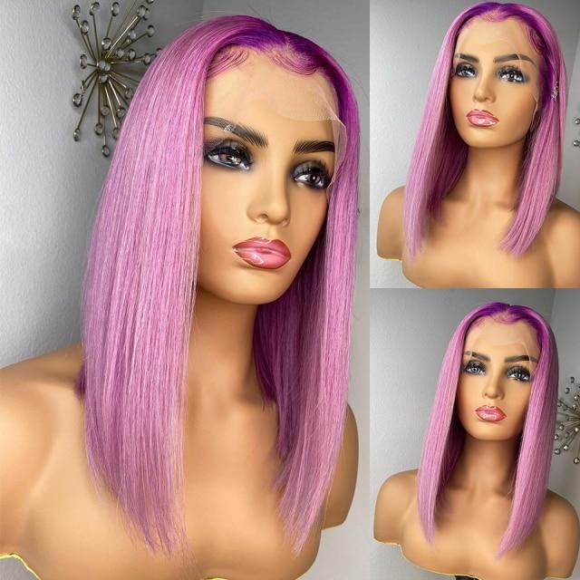 Purple Straight Ombre Pink Short Bob Human Hair Wigs Peruvian Remy Hair Transparent Lace Wigs For Women