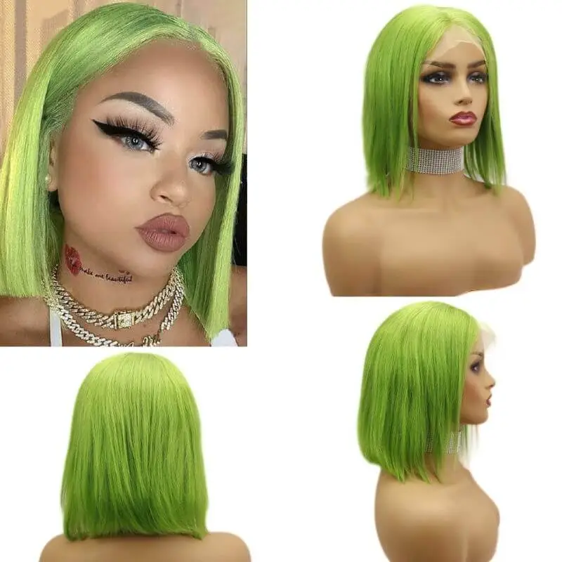 13x4 Lace Frontal Bob Wigs Peruvian Hair Light  Green Ombre Color Human Hair Lace Front Bob Wig