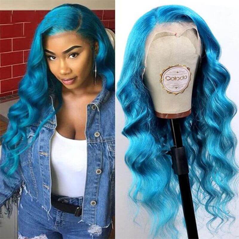 Ombre Lace Frontal Blue Human Hair Wigs For Women Brazilian Remy Colored Wigs Pre Plucked Glueless Wig 150% Body Wave