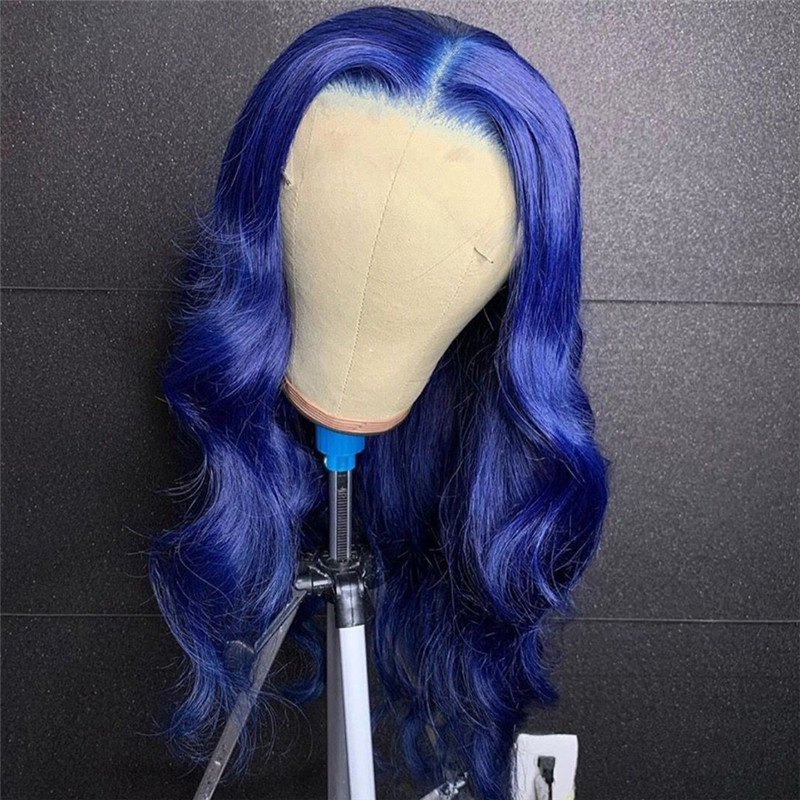 Transparent Dark Blue Body Wave Wigs For Women Pre Plucked Brazilian Lace Front Human Hair Wigs Ombre Colored Lace Part Wig