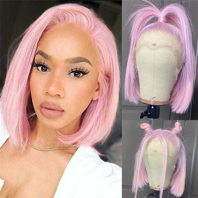 Pink Short BOB Wig Lace Front Human Hair Wigs For Women Preplucked Brazilian Remy Transparent Pink Colored Lace Front Wigs 150%
