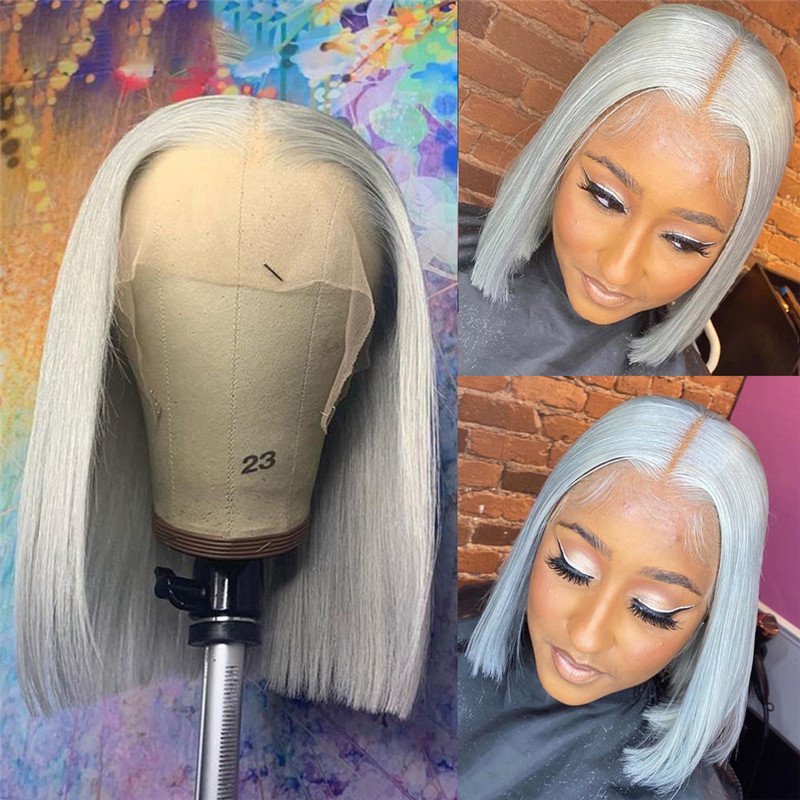 150% Density  13x4 Straight Bob Grey Human Hair Wigs Brazilian Hair Wigs Pre Plucked Bob Wig Transparent Lace Wigs Closure Wig