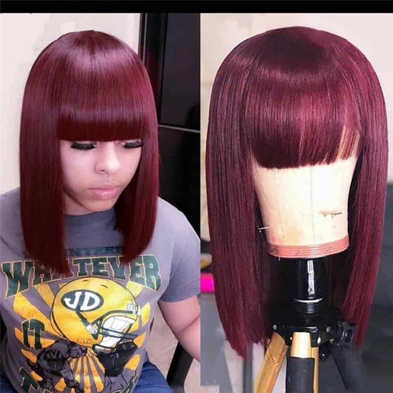 Blonde 99J Short Bob Human Hair Wigs With Bangs Peruvian Virgin Hair Full Machine Wigs Orange Purple Bob Wig With Bangs 150%