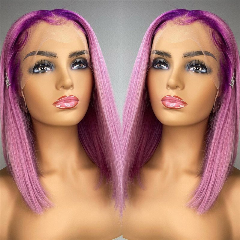 Purple Straight Ombre Pink Short Bob Human Hair Wigs Peruvian Remy Hair Transparent Lace Wigs For Women