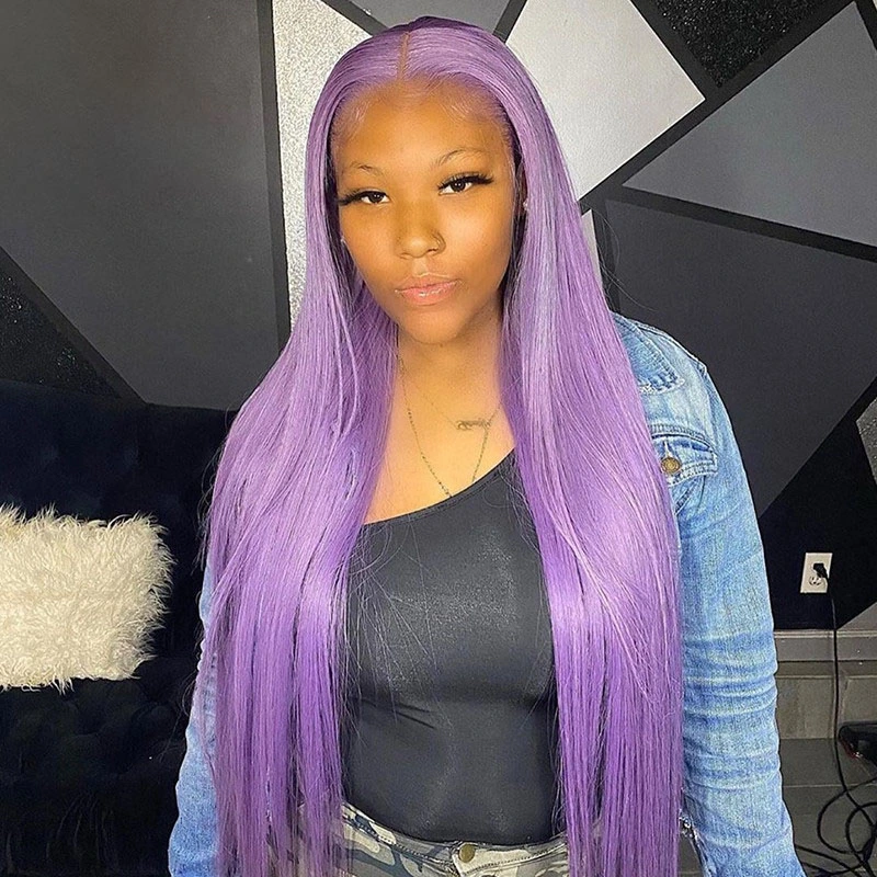 Transparent Purple Lace Front Wig Straight Colored Human Hair Wigs For Women Brazilian Hair Purple Ombre Human Hair Wig 150%