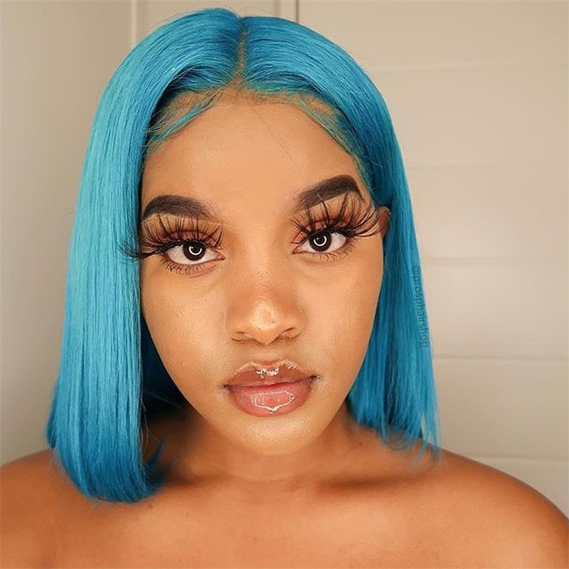 Peruvian Hair Sapphire Blue Straight Lace Front Bob Wigs