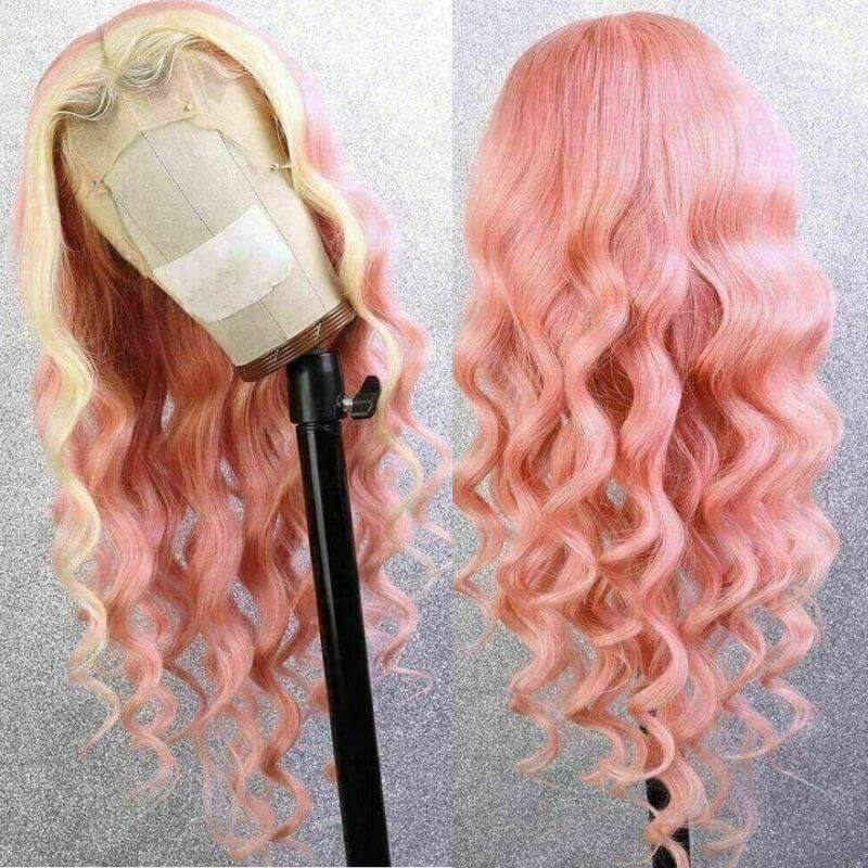 Highlight Blonde and Pink Ombre Lace Front Wig Brazilian Remy Body Wave Colored Human Hair Wigs For Women