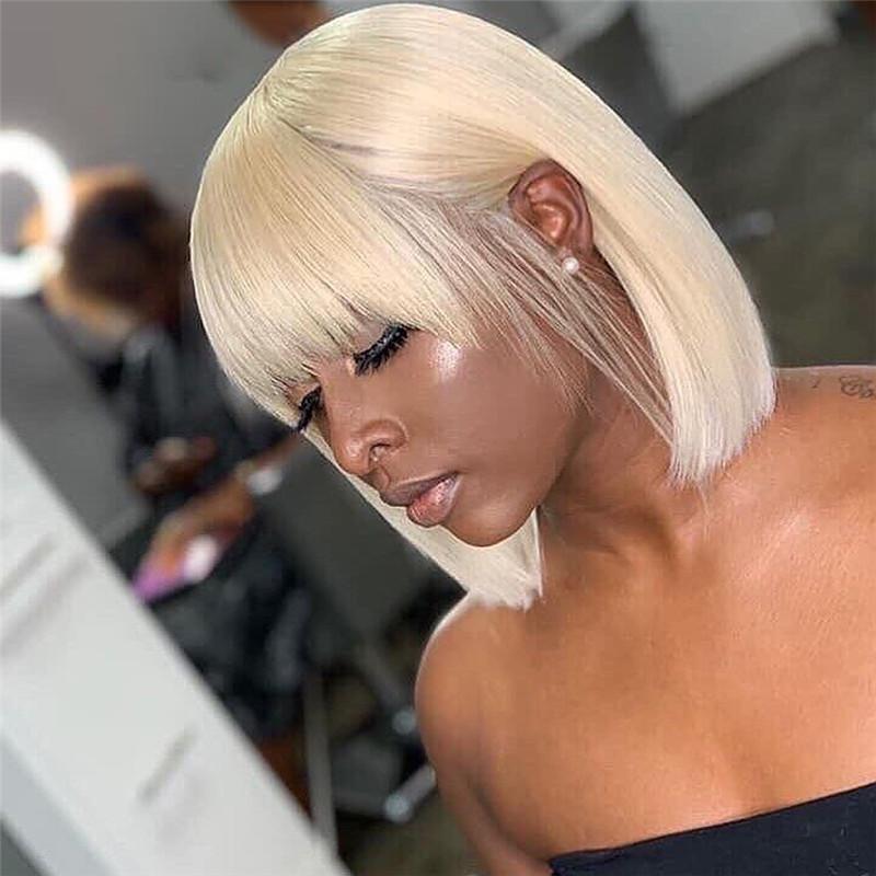 613 Blonde Bob Wig Human Hair Wigs With Bangs Brazilian Virgin Hair Straight Bob Machine Wigs For Women Transparent Lace Wigs