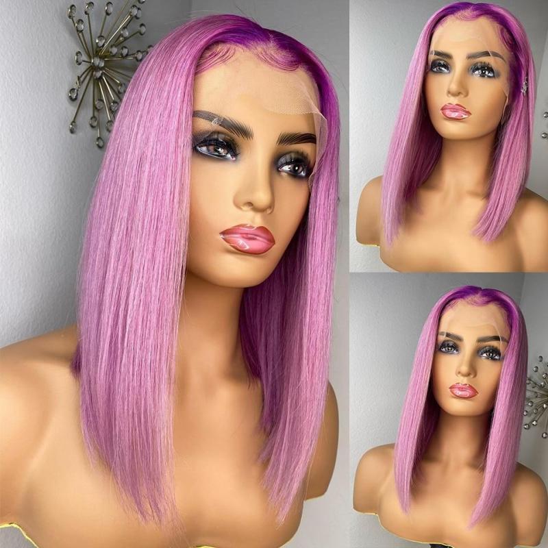 Purple Straight Ombre Pink Short Bob Human Hair Wigs Peruvian Remy Hair Transparent Lace Wigs For Women