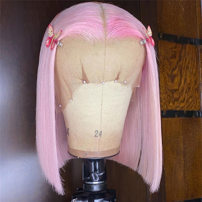 Straight Bob Lace Front Wig Pink Ombre Human Hair Wig Brazilian Remy Short Bob Lace Front Wigs For Women 150%