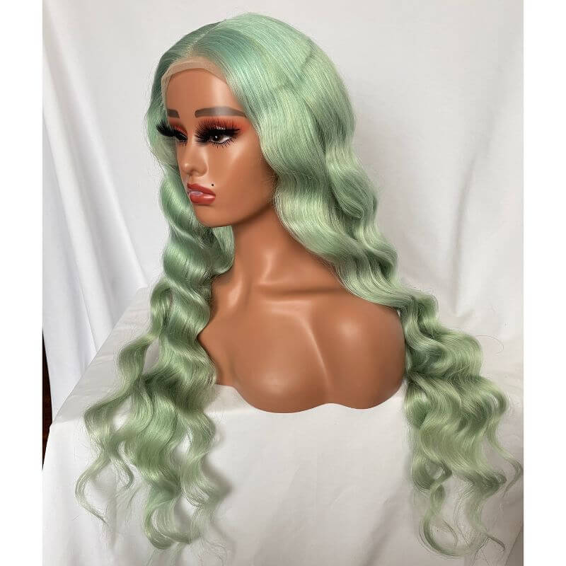 Green Hair Transparent Lace Wigs Mint Green Colored Body Wave Human Hair Lace Wigs Brazilian Remy Ombre  Human Hair Wigs For Women
