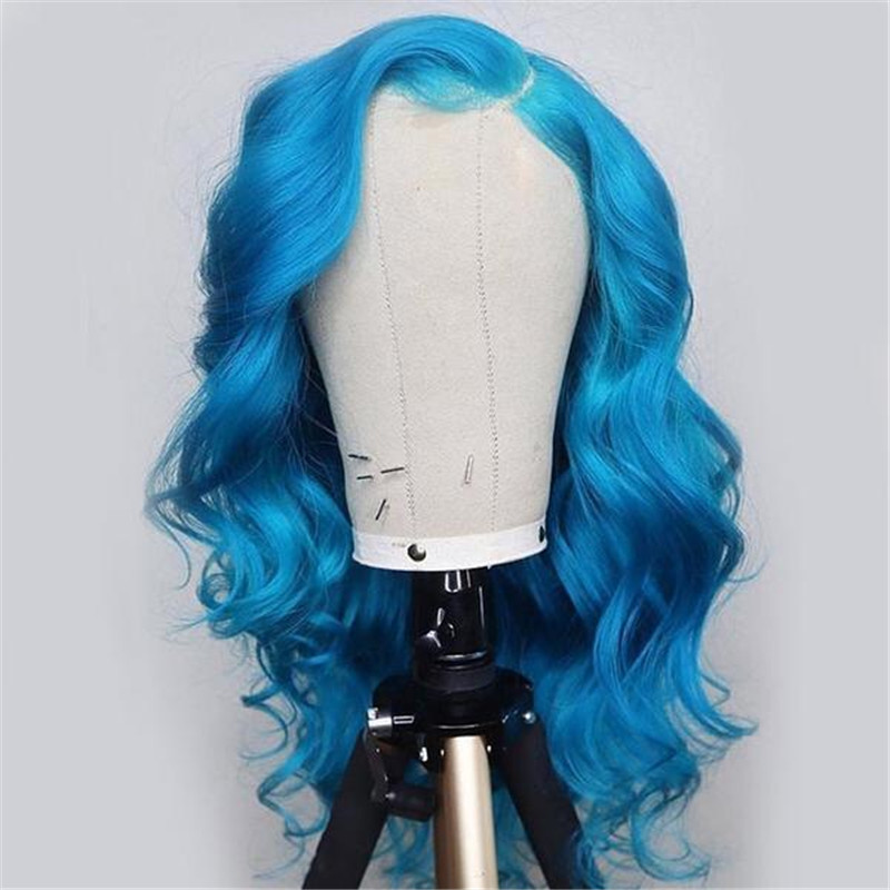 Real Human Hair Body Wave Ocean Blue Lace Front Wigs