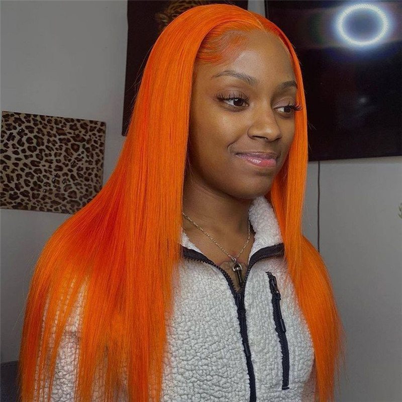 Orange Ombre Colored Human Hair Wigs For Women Straight Brazilian Remy Hair Ginger Orange HD Lace Front Wig Preplucked