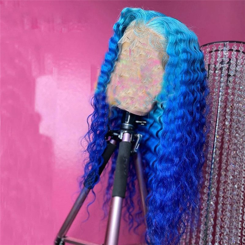 150% Density Deep Wave Blue Ombre Lace Front Wig Brazilian Remy Hair Blue Human Hair Lace Wig Pre Plucked Blue Colored Wigs