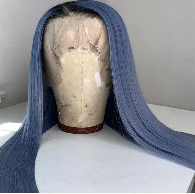 Peruvian Hair Aegean Blue Color With Dark Root Lace Front Wig
