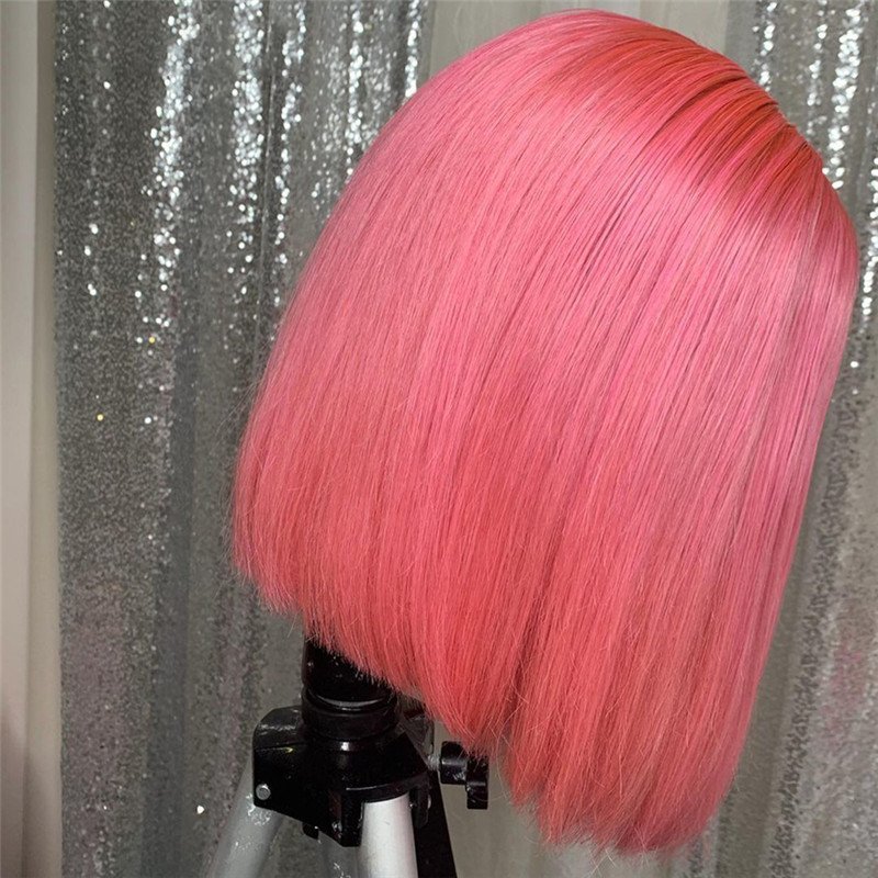 Leather Pink Bob Colored Human Hair Wigs Transparent Peruvian Remy Short Bob Lace Front Wigs Preplucked Closure Wig 150%