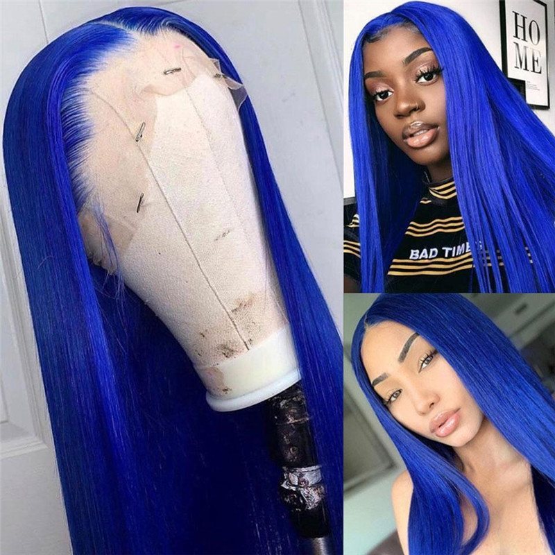 28inch Blue Ombre Colored Lace Front Human Hair Wigs For Women Pre Plucked Brazilian Remy Straight Blue Lace Front Wig